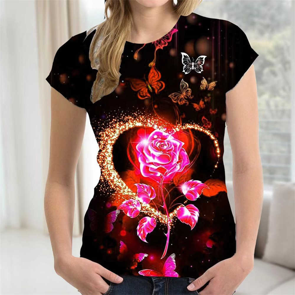 Camiseta feminina 2022 rosa impressão 3d camisa feminina Harajuku moda camisas com decote em O camisetas femininas verão camisetas femininas top rosa ouro manga curta