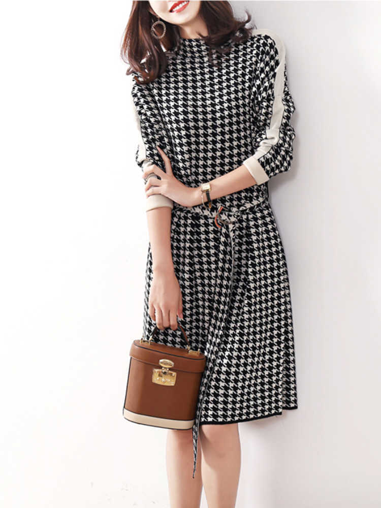 Casual Dresses Elegant For Women Autumn Winter New Long Sleeve Sticked Vintage Houndstooth Bandage Fashion Sweater Belt Y2302