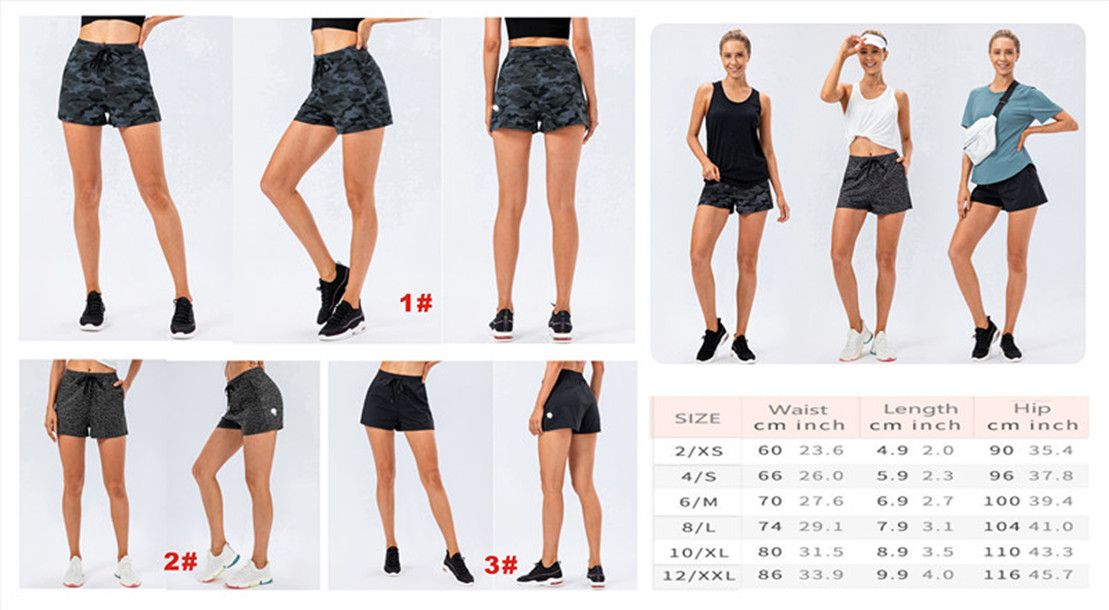 LL Kvinnor Yoga Outfit Shorts Camo Tryck Dragsko Midjeband Sidofickor Träning Fitness Shorts För Kvinnor