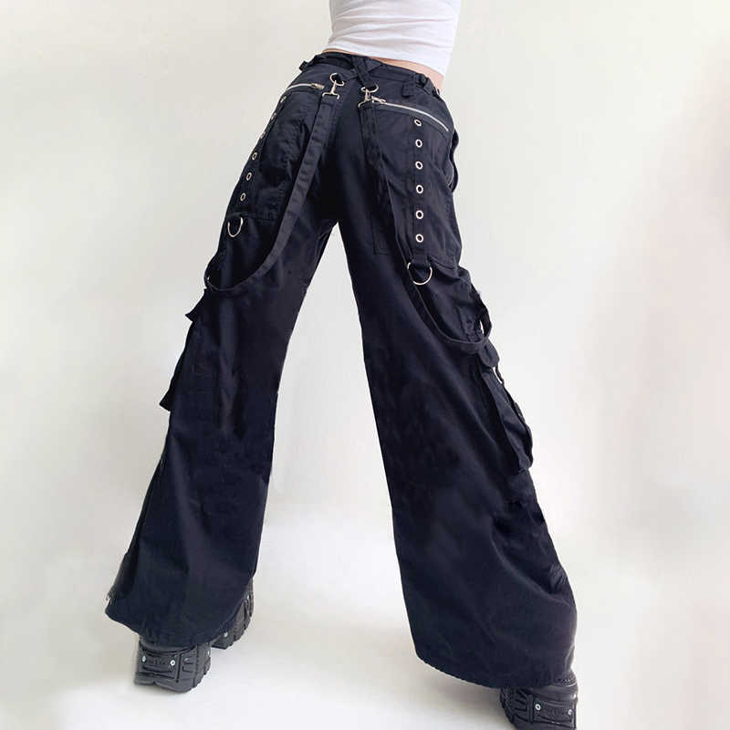 Women's Pants Capris Dark Fashion Low Waist Trousers Gothic Chic Baggy Patchwork Pockets Cargo Sweatpants Punk Zipper Casual Long Pants Cuteandpsycho L230310