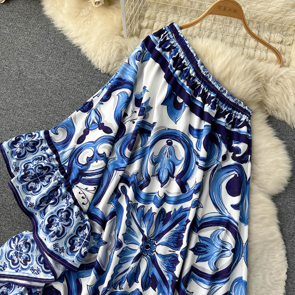 2023 New Summer Designer Bohemian Asymmetry Long Dress Women's Off Cool Shoulder Blue And White Porcelain Ruffled Hem Loose Robe