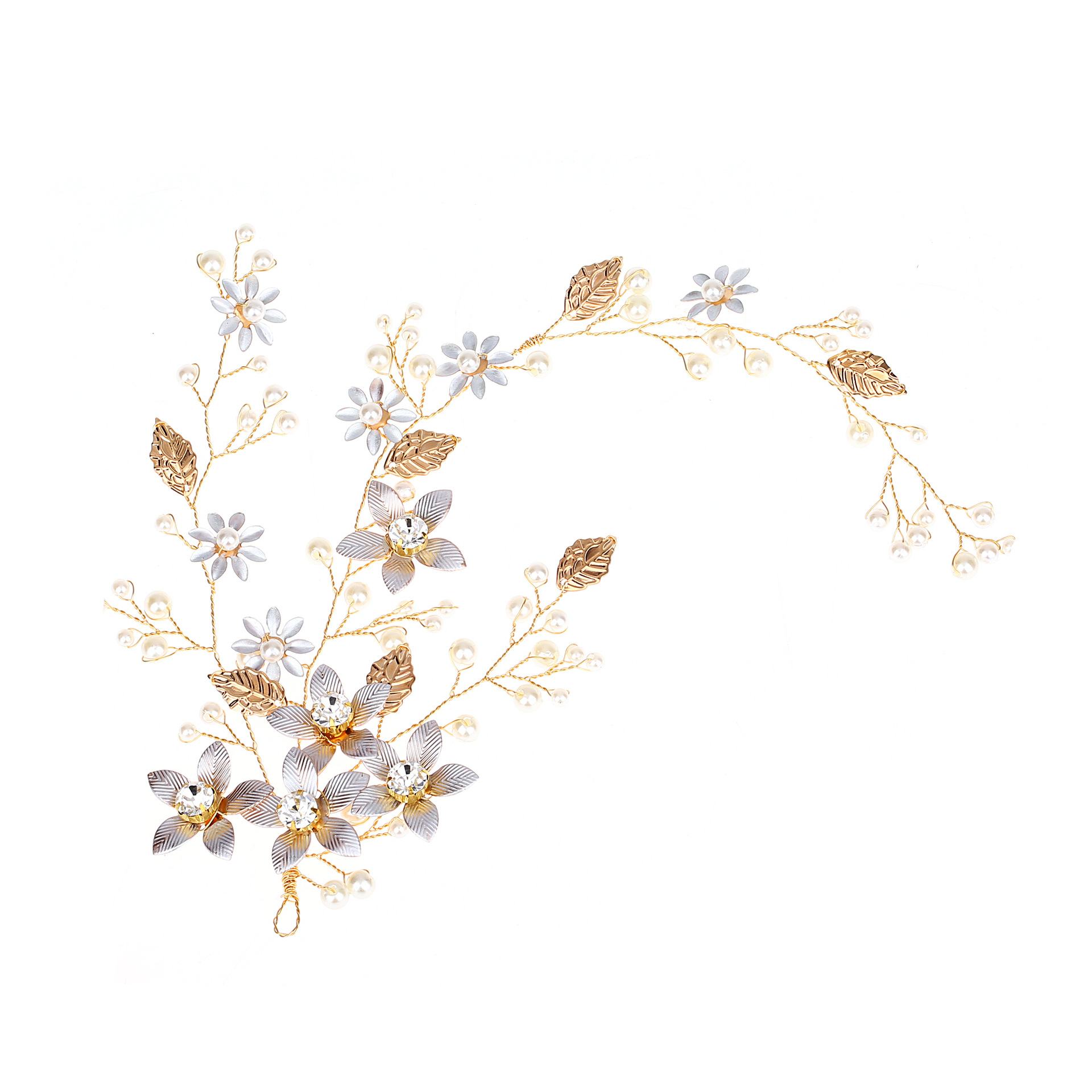 合金真珠の花の葉ブライダルヘッドピースヘアバンドウェディングゴールドシルバークラウンティアラスヘッドドレスフォーマルオジックヘアアクセサリージュエリーCL2490