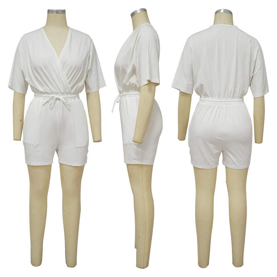 Kobiety jednoziarniste Jumpsuits Summer Sexy Wrap v Neck Beach Rompers swobodny krótki rękaw Elastyczne talii skrót