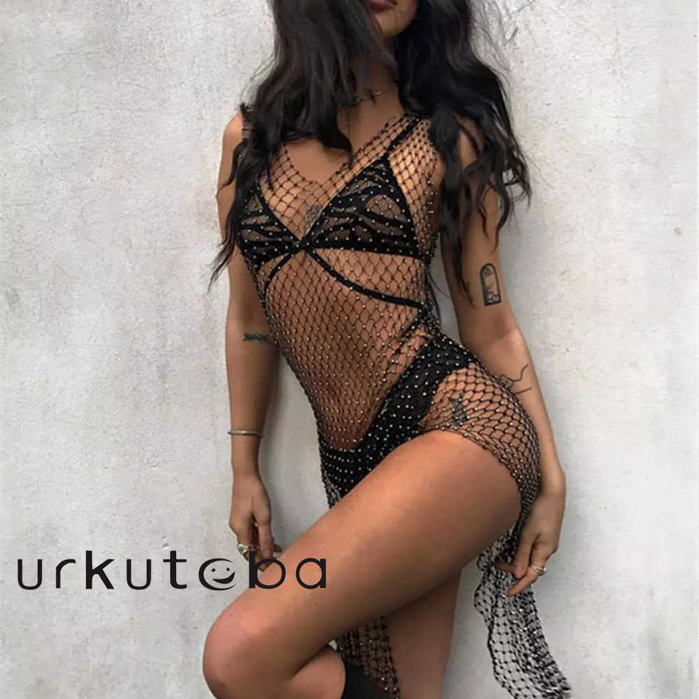 Damenbadebekleidung Frauen Bikini Bling Crystal Cover Up Tops Sexy Fishnet Hollow Out Durchsichtiger Badeanzug Schwarz Weiß Y230311