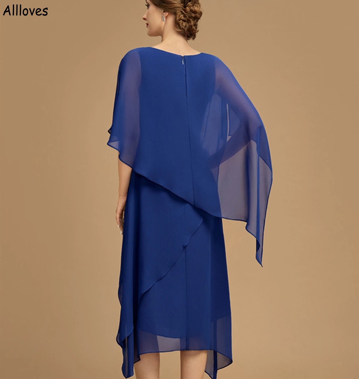 Royal Blue Chiffon Mother of the Bride Dresses Elegant Wrap Juvel Neck Summer Women Formell festklänningar Mantel Tea Längd Bröllop Gäst GOOM MODERS KREK AV CL1981