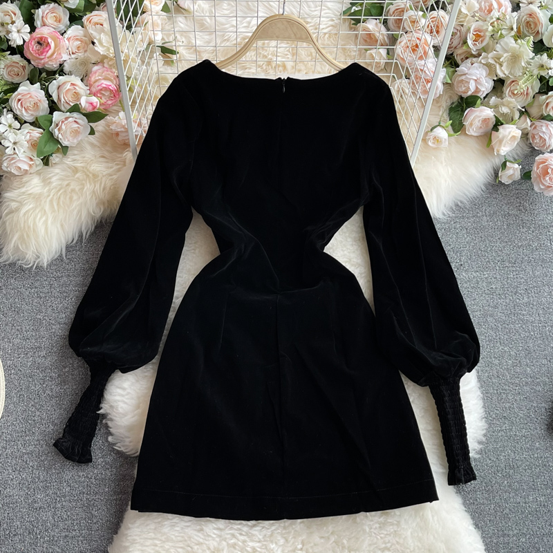 Vintage svart klänning för kvinnor elegant lantren ärm Square Neck Party Dresses Korean Fashion Woman kläder Vestidos 2023