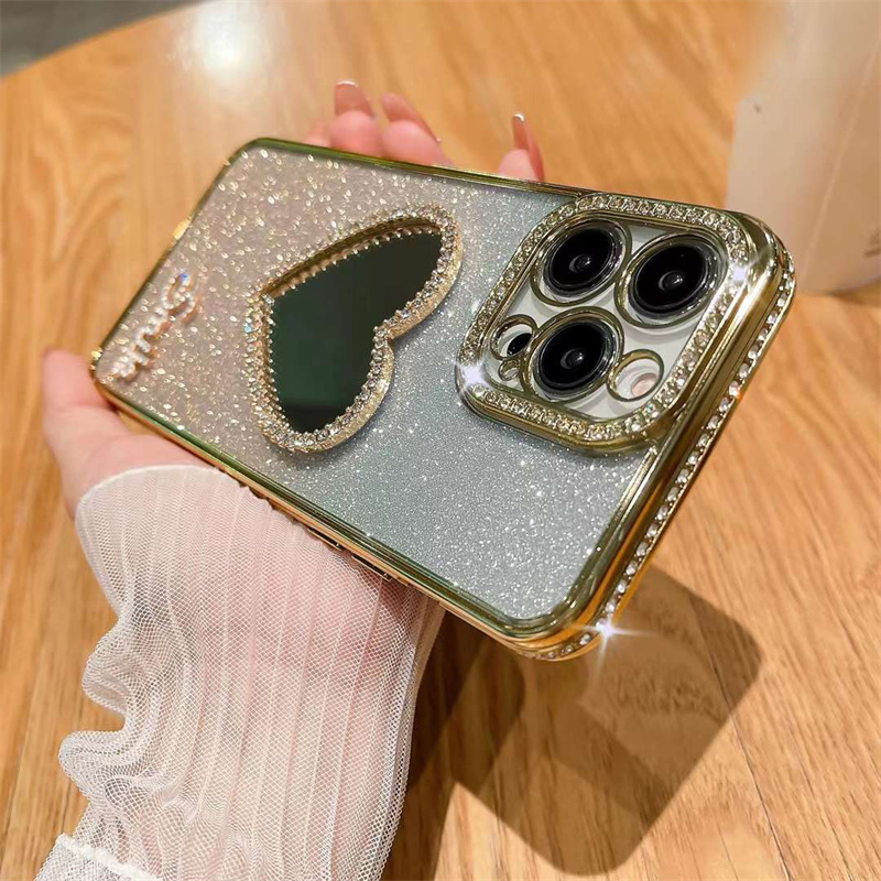 Luxury Glitter Gradient Rhinestone Phone Case With Love Heart Makeup Mirror For iphone 14 Pro Max 13 12 11 Xs XR 8 7 Fashion Ladies Diamond Cover Shockproof Anti Drop