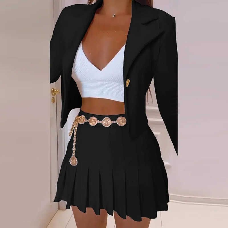 Women's Two Piece Pants Women Pleated Mini Skirts Suit and One Button Long Sleeve Blazer Tops Streetwear Chic Matching Two Set Outfits