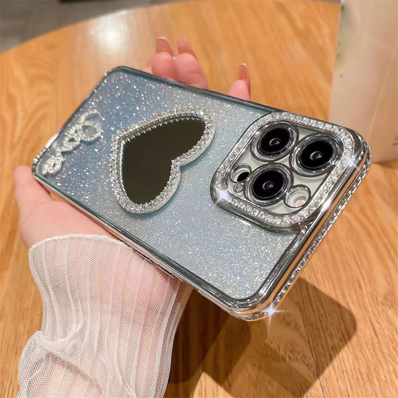 Lüks Glitter Gradient Rhinestone Telefon Kılıfı İzi İzi Kalp Makyaj Aynası İPhone 14 Pro Max 13 12 11 XS XR 8 7 Moda Bayanlar Elmas Kapak Şok geçirmez Anti Drop