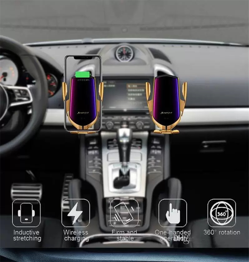 R1 Car Wireless ładowarka Automatyczne zaciśnięcie 10 W QI Szybkie ładowanie uchwytu na iPhone Samsung Huawei Air Vent Phone z pudełkiem detalicznym