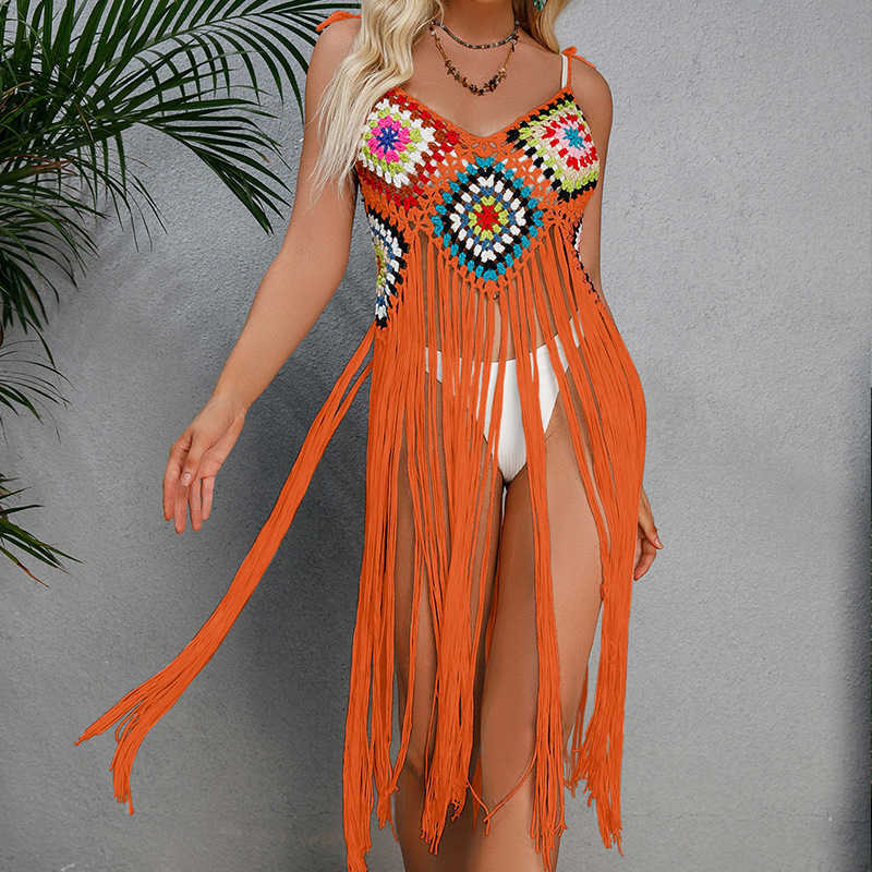 Costumi da bagno da donna 2023 New Crochet Bohemia Long Fringe Nappa Beach Cover-up Abito da donna sexy Bikini costumi da bagno costume da bagno cover up Beachwear Y230311