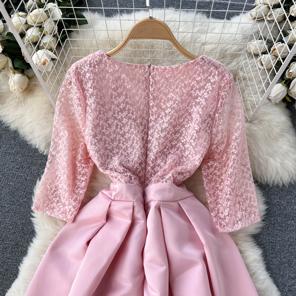 2023 A Line Casual Dresses Long Sleeve Lace Fashion Designer Runway dress Spring Summer Women Dress Stand collar Mesh Ruffles Floral-Print Dresses