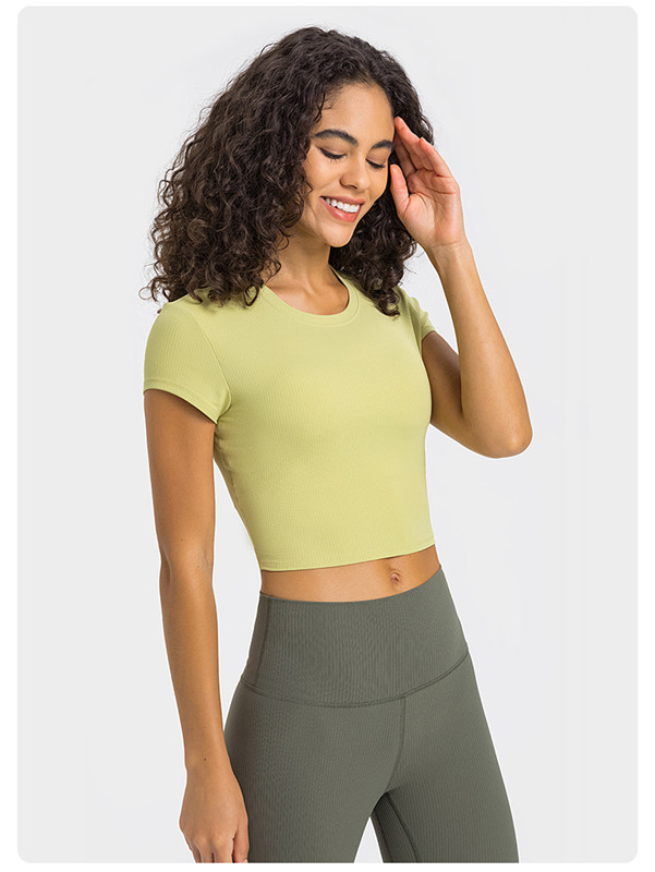 Vrouwen yoga -outfit gebreide korte mouw vocht wicking croptop ademende naadloze korte top zomer LL5671