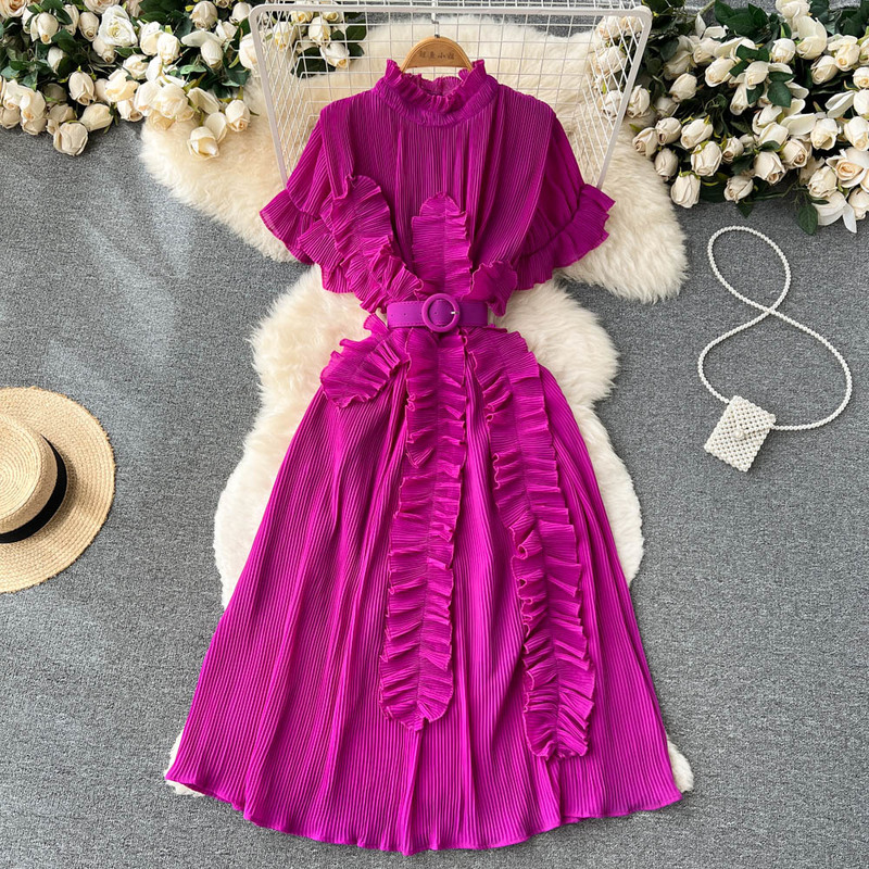 Design Sense Robe Femme Ruffled Short Sleeve Dresses 2023 Summer New Women Seaside Vacation Waist Long Vestidos with Belt