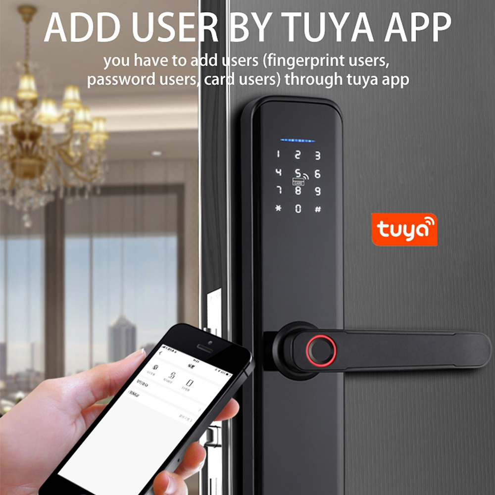 Tuya Print Door Lock ElectronicLock com impressão digital biométrica / cartão inteligente / senha / key desbloqueio / USB Carga de emergência