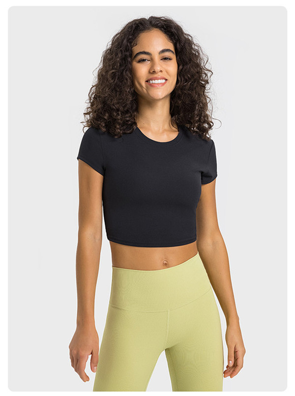 Vrouwen yoga -outfit gebreide korte mouw vocht wicking croptop ademende naadloze korte top zomer LL5671