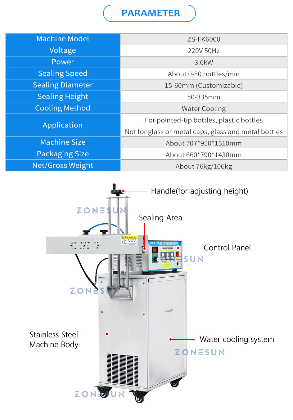 ZONESUN Machine de scellage par induction Scellant de papier d'aluminium Pointu Tip Top Couvercle en plastique Bouchon de bouteille Ligne de production ZS-FK6000