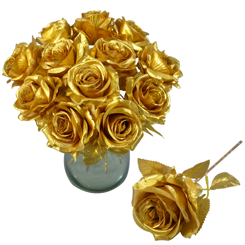 12st Artificial Gold Roses Flowers, Single Fake Silk Rose Flower med kort stam som är lämplig för familjebröllopsfestdekoration