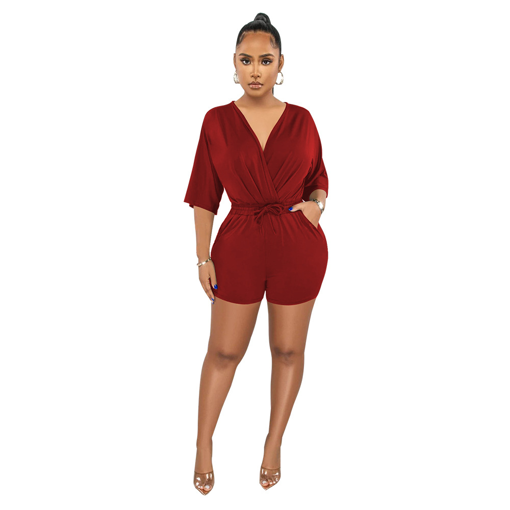 Vrouwen één stuk jumpsuits zomer sexy wrap v neck strand rompers casual korte mouw elastische taille korte jumpsuits met zakken