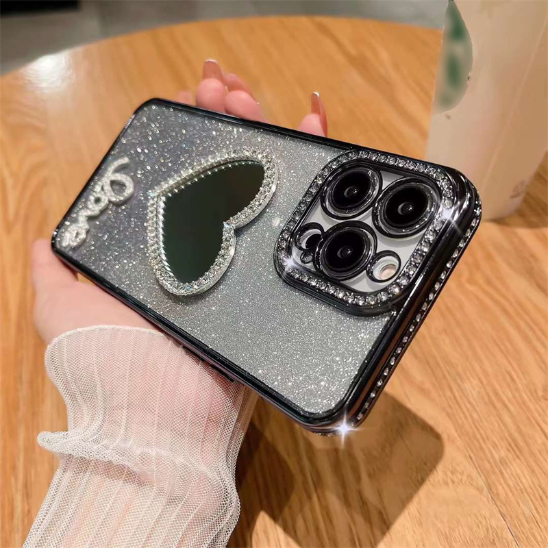 Luxury Glitter Gradient Rhinestone Phone Case With Love Heart Makeup Mirror For iphone 14 Pro Max 13 12 11 Xs XR 8 7 Fashion Ladies Diamond Cover Shockproof Anti Drop