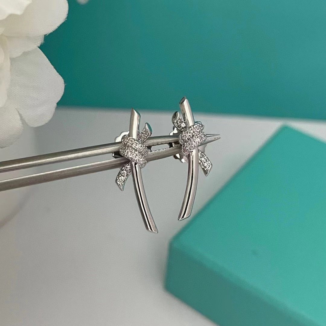 S925 STERLING Gümüş Güzel Bowknot Designer Stud Küpe Kadınlar Parlayan Kristal Tatlı Aşk Düğüm Küpe Küpe Kulak Yüzük Lüks276U