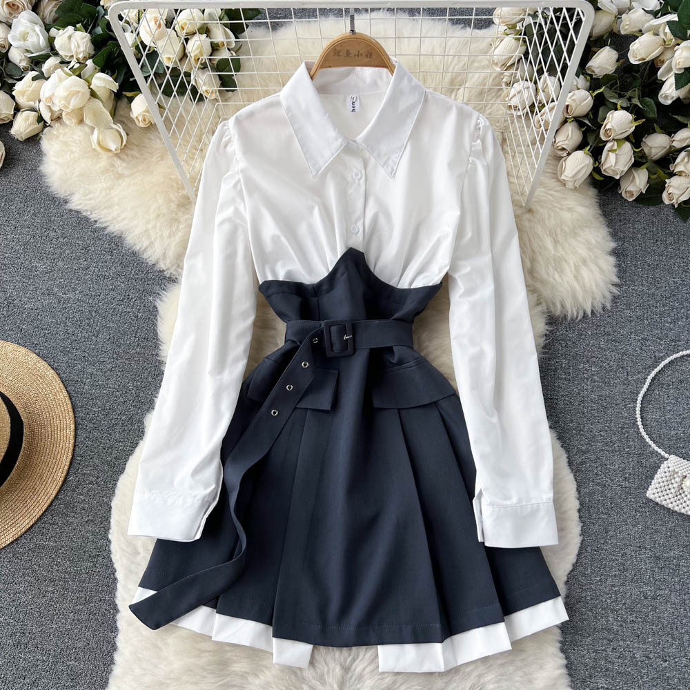 Temperament Fake Two Robe Femme Korean Chic Dresses for Women Slim Waist Long Sleeve Patchwork Dress Vestidos De Mujer 2023