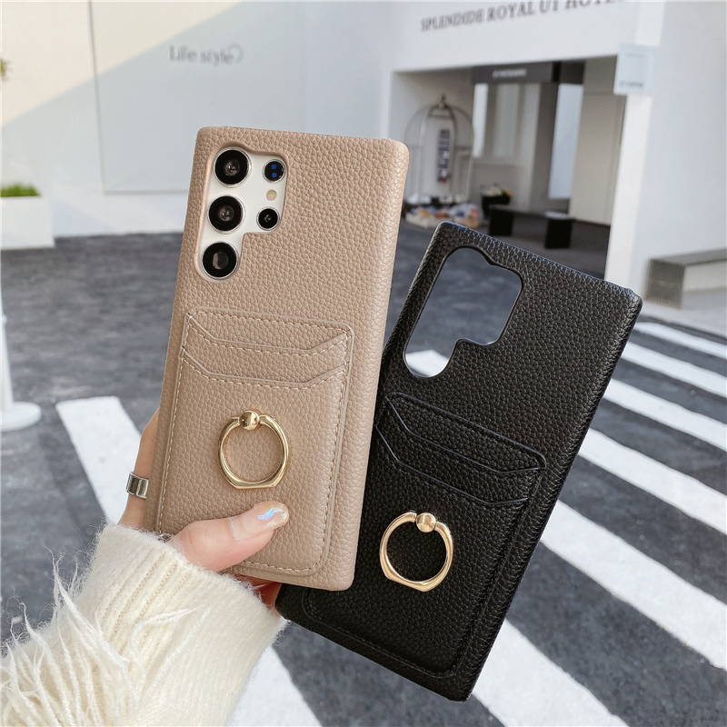 Lychee Pattern Leather Vogue Phone Case for iPhone 14 13 12 Pro Max Samsung Galaxy S23 Ultra S22 S21 Plus S20 Note20 Finger Ring Holder Dual Card Slots Wallet Back Cover
