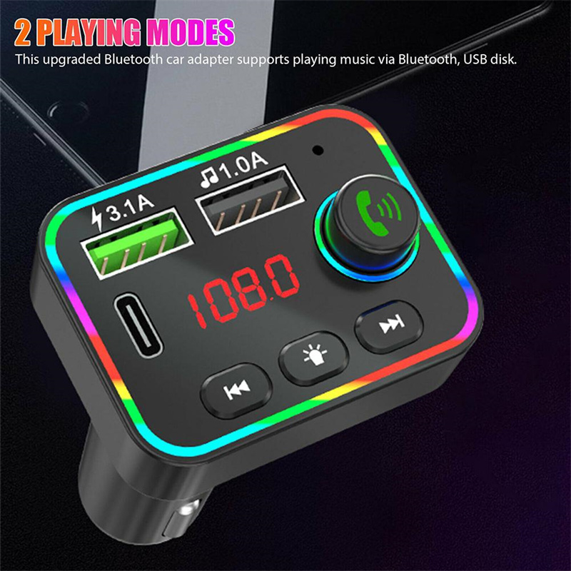 F4 Car Charger FM Transmitter Dual USB Quick Charging PD Ports Handsfree Audio Receiver MP3 Player Colorful Atmosphere Lights with Retail Box