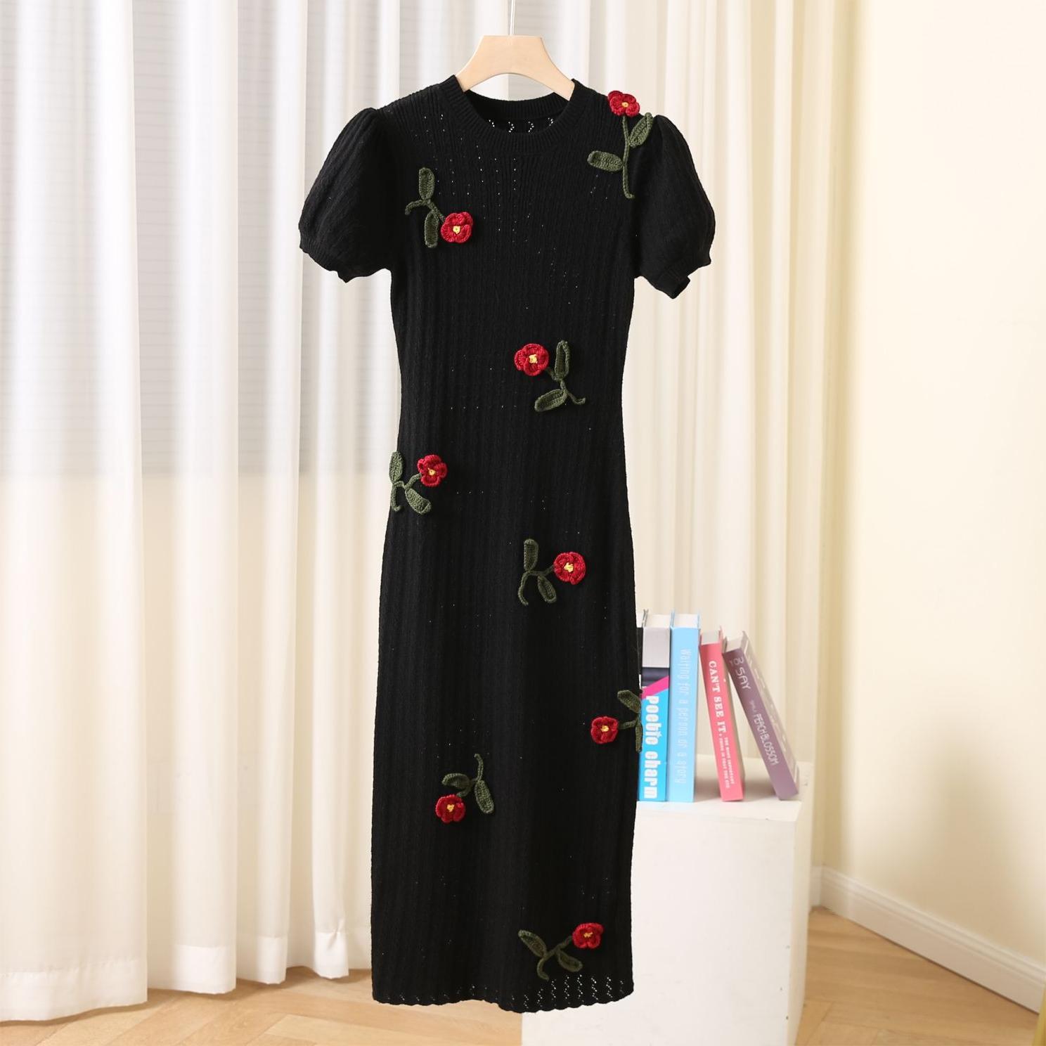 2023 Spring Black Floral Flower Woolen Knitted Dress Short Sleeve Round Neck Panelled Midi Casual Dresses Brand Same Style Designer M3M120818