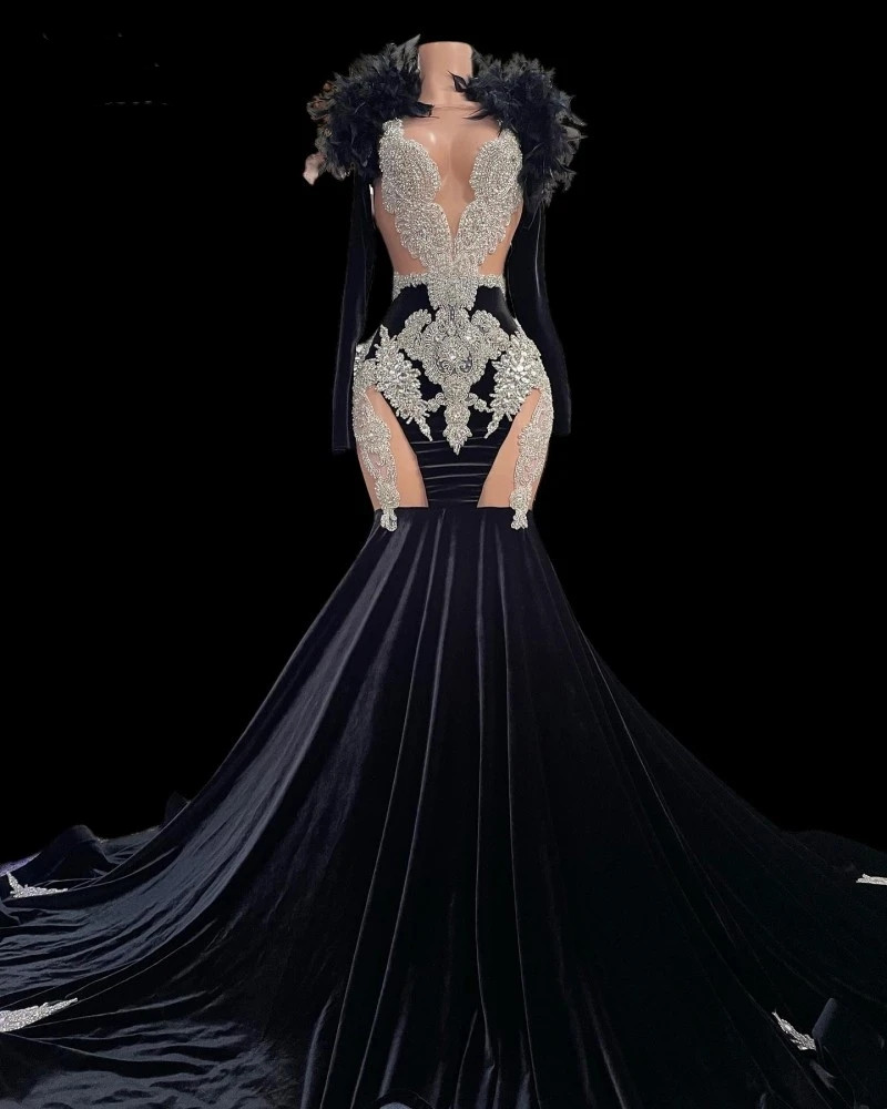 Abiti da ballo di velluto nero donne africane 2023 Crystal perline perline da sirena abiti a maniche lunghe vestidos de graduacion