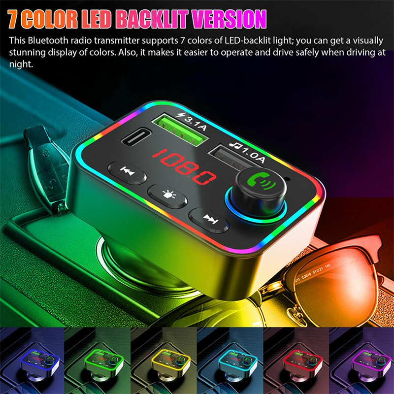 F4 Cargador de coche Transmisor FM Dual USB Carga rápida Puertos PD Manos libres Receptor de audio Reproductor de MP3 Luces de ambiente coloridas con caja al por menor