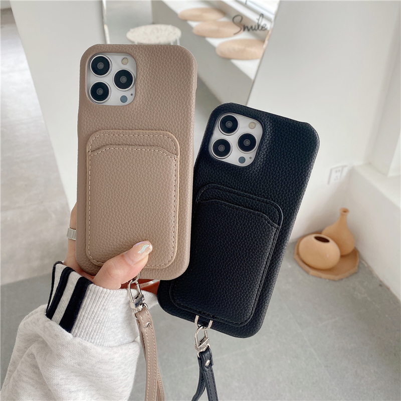 Polsband armband lychee print lederen Vogue telefoonhoesje voor iPhone 14 13 12 11 Pro Max Xr XS 7 8 Plus SE2 SE2 SE3 DUURLIJKE Dual Card Slots Wallet Clutch Back Cover schokbestendig