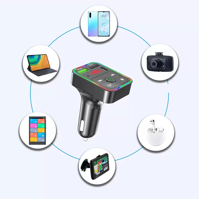 Transmissores de carro de carro LED Rainbow FM F2 BT5.0 Dual USB Carregamento rápido PD Tipo C Portas Handsfree Audio Receptor Auto MP3 Player para celulares Caixa de varejo