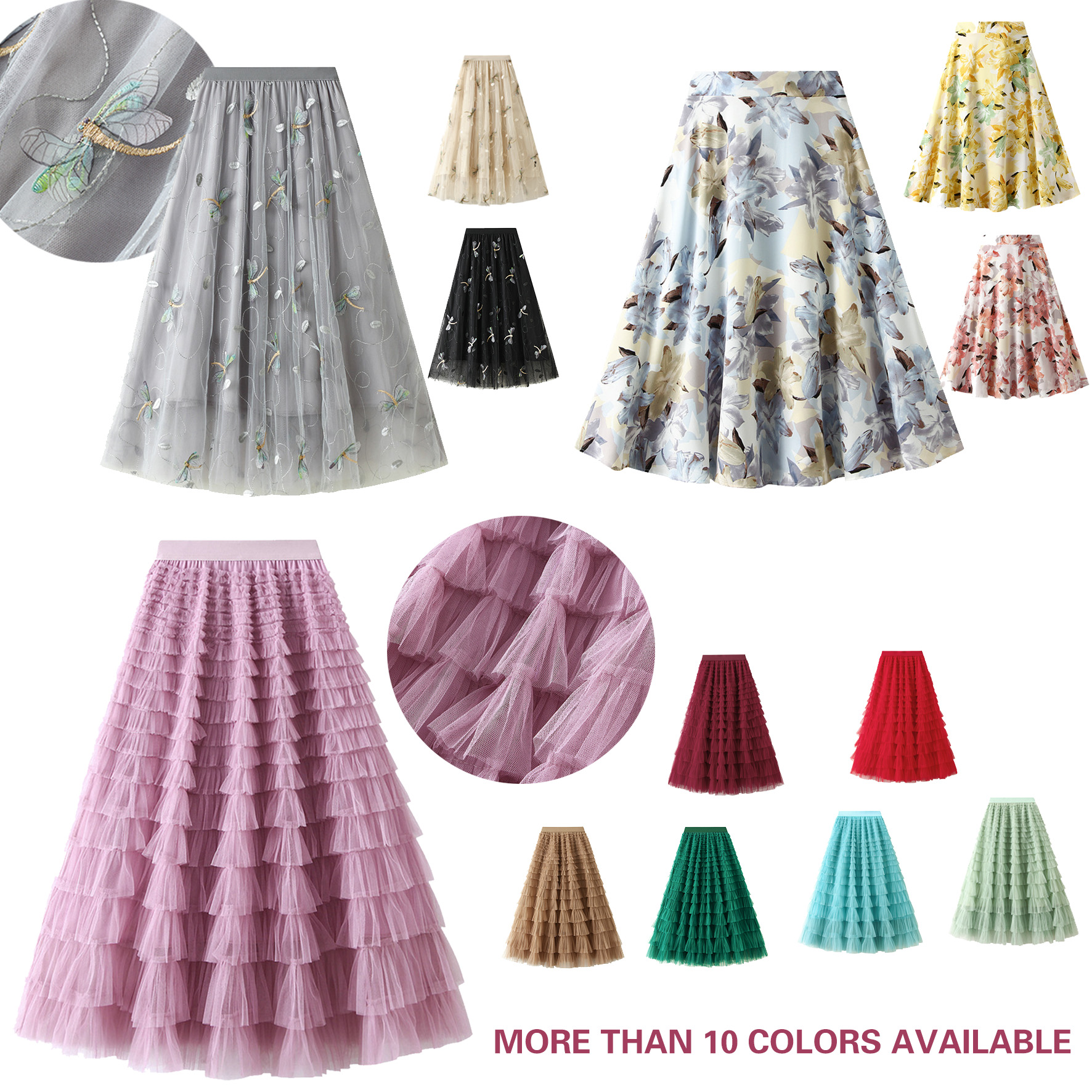 Kvinnor kjolar mode tiered kjol multi färger tutu kirtt en linje designad klänning med blommig dekoration elastisk midja plus storlek passar alla storlekar