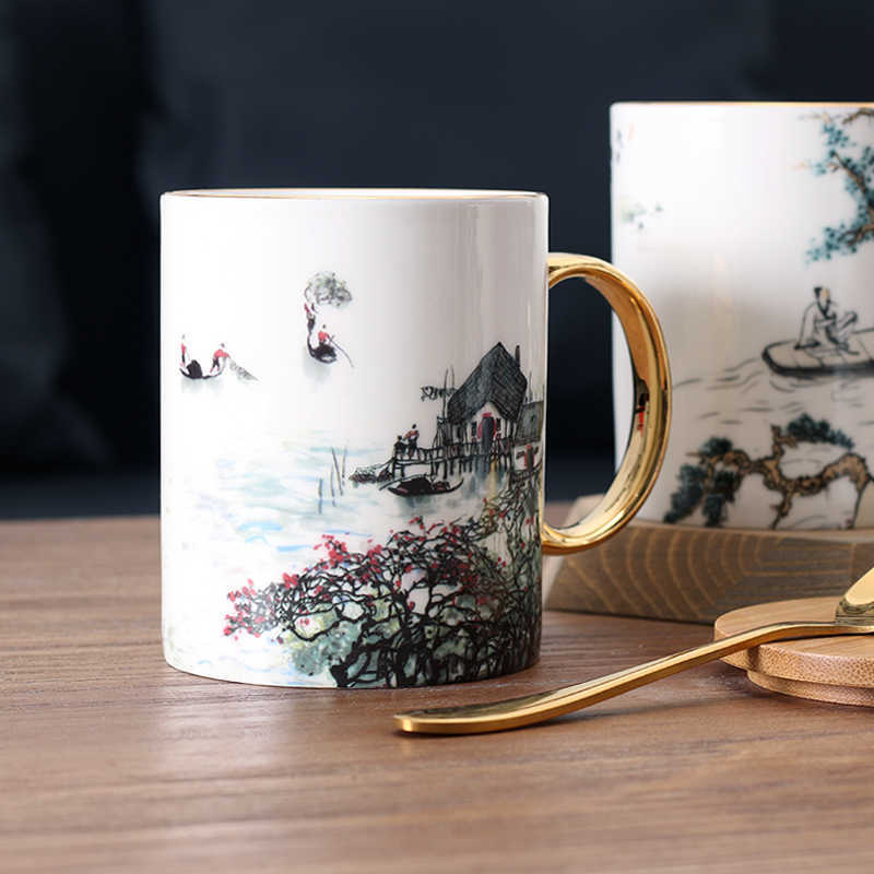 Porcelain Drinkware Bone China Mugs Chinese Traditional Antient Art Ink Painting Tea Cup Oriental Cultural 2021 New Arrival