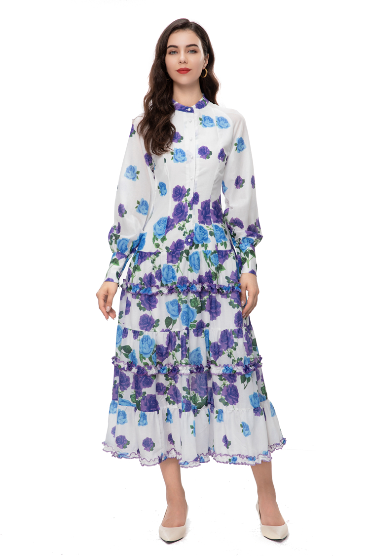 Women's Runway Dresses O Neck Long Sleeves Floral Printed Sash Belt Fashion Designer Vestidos