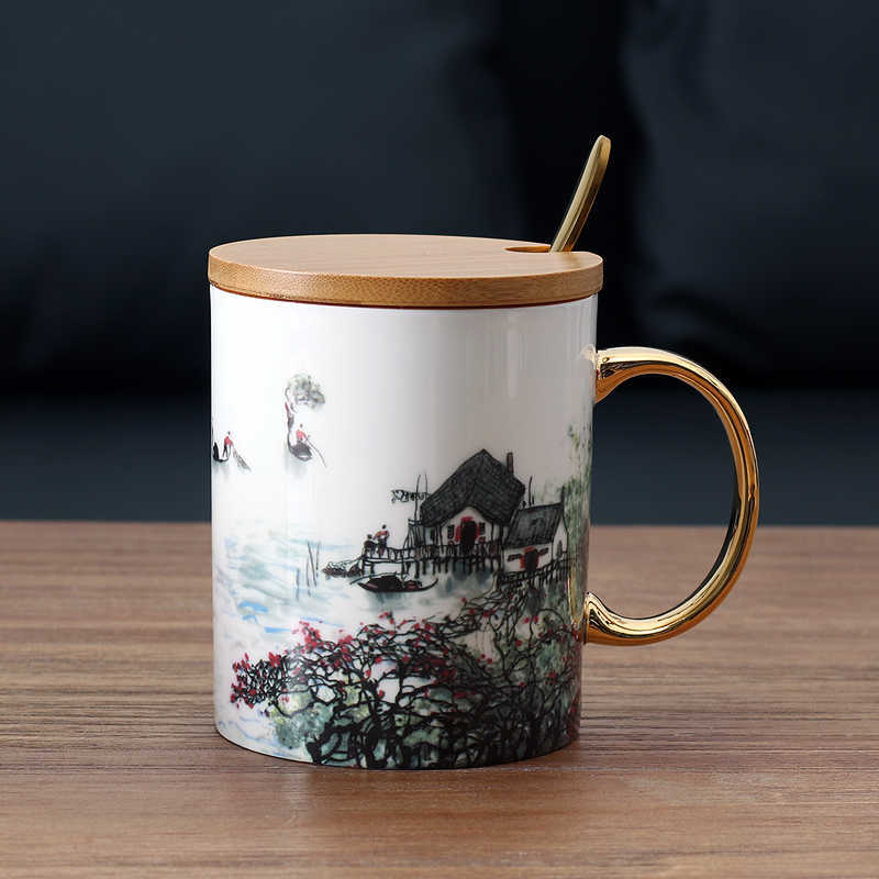 Porcelain Drinkware Bone China Mugs Chinese Traditional Antient Art Ink Painting Tea Cup Oriental Cultural 2021 New Arrival