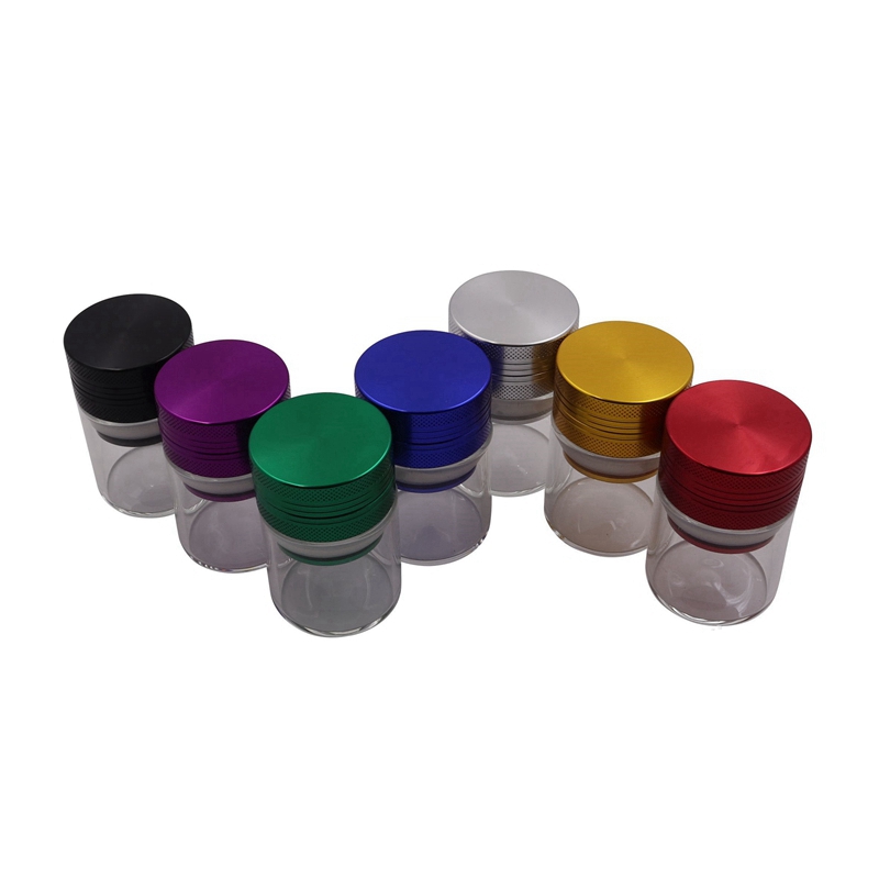 40mm rökning Färgglad aluminiumlegering Dry Herb Tobacco Glass Lagring Stash Case burkar Slipning Spice Miller Grinder Crusher Slipning Chacked Hand Muller DHL