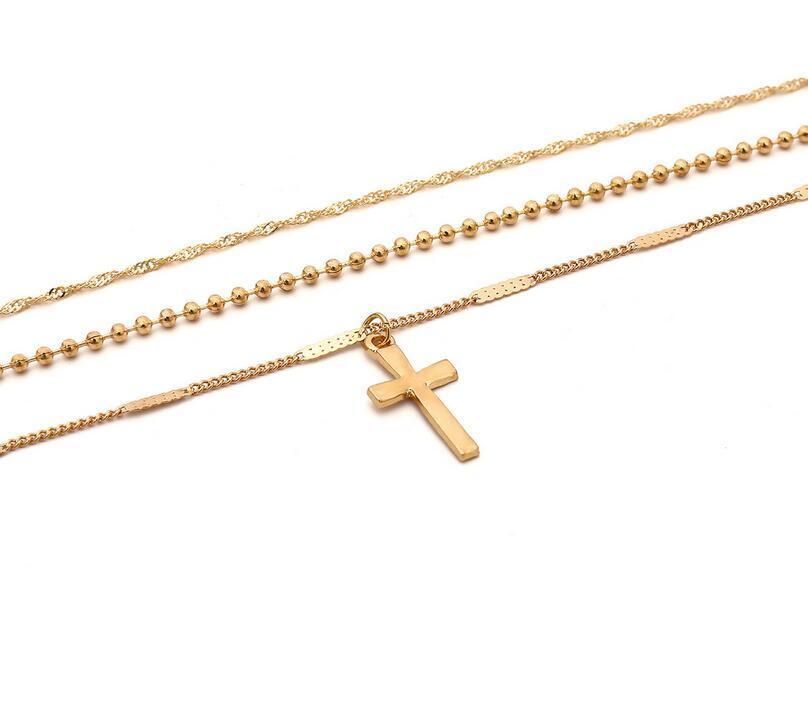 Cross Necklace Pendant Multi-Layer Chains Ladies Simple Sweater Halsband Fashion Jewelry Silver och guldfärger