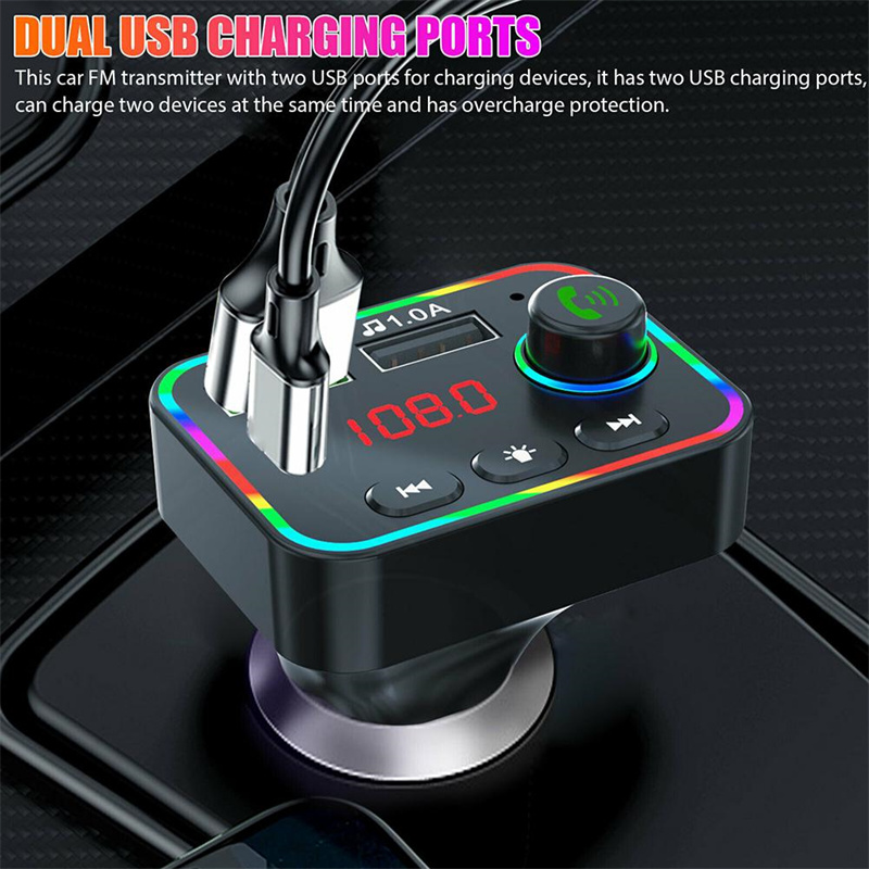 F4 Car Charger FM Transmitter Dual USB Quick Charging PD Ports Handsfree Audio Receiver MP3 Player Colorful Atmosphere Lights with Retail Box