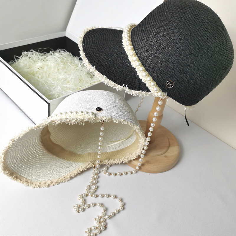 Neue Reitreiter Damen Breiter Krempe Hut Frauen Mode Stroh gestrickt Entenzunge Perlen Dekorative Sonnenvisor Sinamay Sun Visor Mütze
