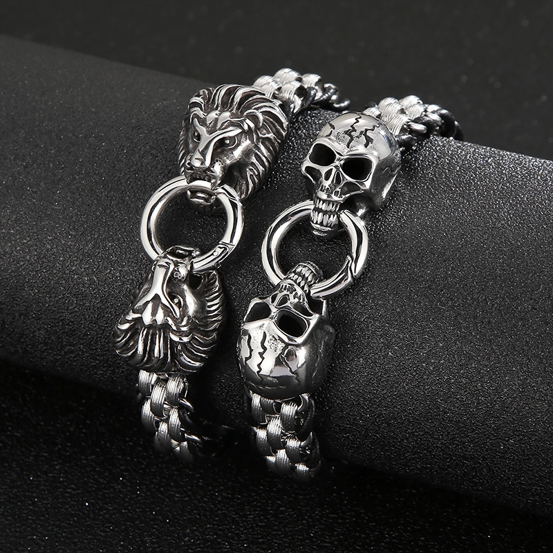 12mm Punk Männer Tier Viking Wolf Leder Link China Armbänder Edelstahl Doppel Wolf Schädel Löwe Schlangenköpfe Charm Wrap Bike Biker Armband Armband Schmuck