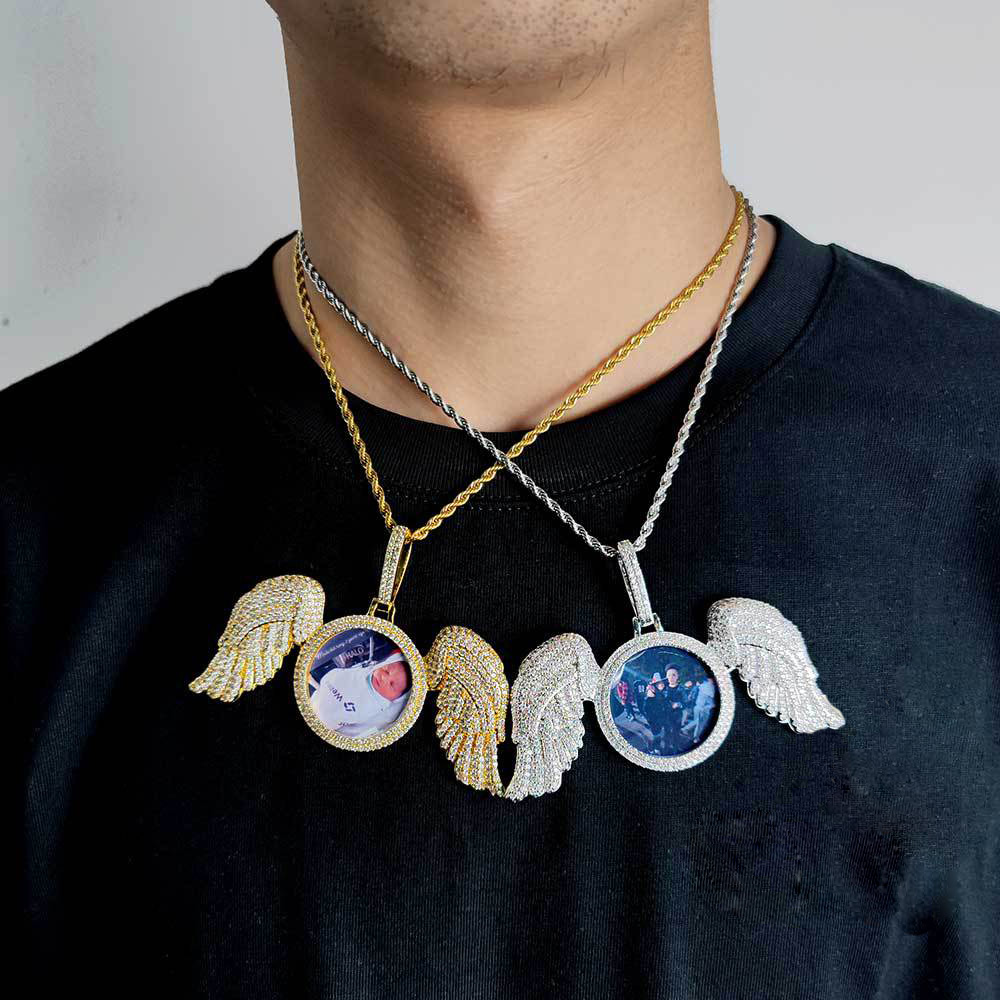 Hip Hop Angel Wings Custom Photo Pendant Necklace Bling Zircon Diamond Jewelry