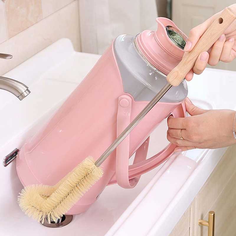 New Kitchen Cleaning Brush L-shaped Coffee Tea Glass Cup Baby Bottle Brush Hangable Wooden Handle Cleaner Gadgets