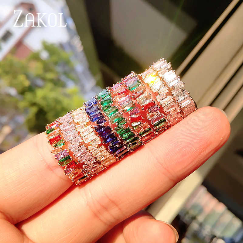 Ringas de banda Zakol Fashion Luxury Multicolor Charm Baguette Cubic Zirconia Wedding Rings for Women T Shape Stone Party Jewelry FSRP2269C