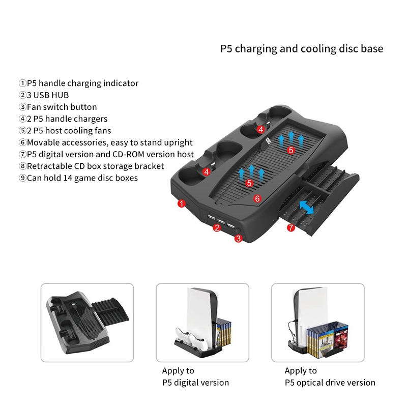 Base de ventilateur de refroidissement multifonction pour PS5, plateau de rangement de disque de jeu, poignée de Base, support de chargeur, support de ventilateur, livraison directe