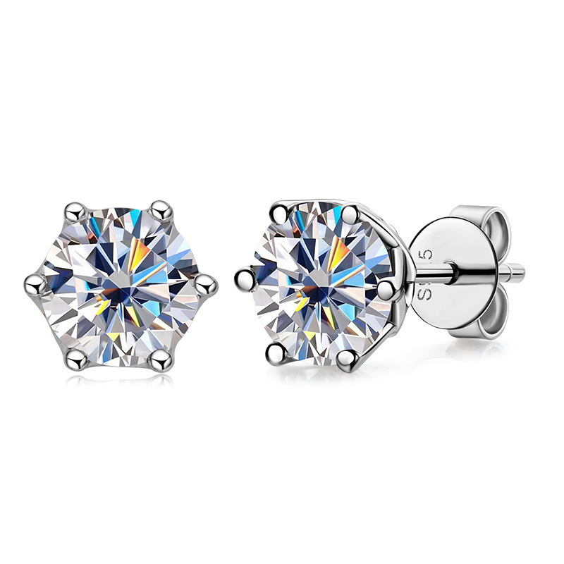 S925 Silver kolczyki ucha Stud Modna Diamond Układka Kobiety kolczyki Srebrne kolczyki na kolczykach Lady Moissanite Six-Claw Studs Bling Classic 1CT Ear Pierścień