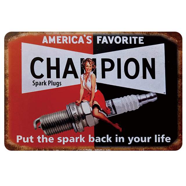 Spark Plugs Service Tin Sign Vintage Garage Metal Plate Painting Champion Retro Iron Picture Wall Decoration For Garage Car Shop Personalized Art Decor 30X20CM w01