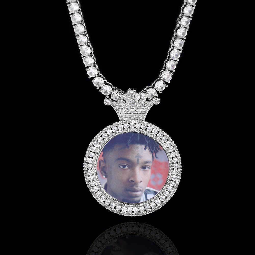 Hip Hop Custom Crown Photo Pendant Necklace Bling Women Men Lover Gift