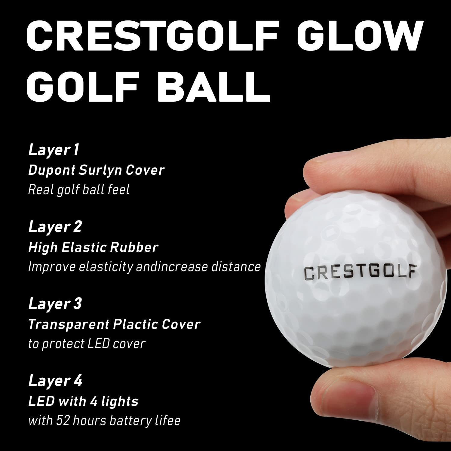 Golfbälle CRESTGOLF 4 Stück LED-Golfbälle mit 4 Lichtern für Nachttraining, Material mit hoher Härte für Golf-Übungsbälle 230313